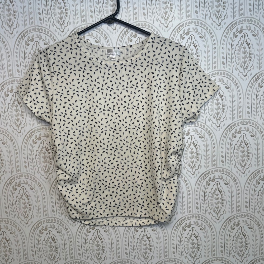 Orange‎ Kiss XL Cream Ditsy Floral Ribbed Side Ruched Short Sleeve Top